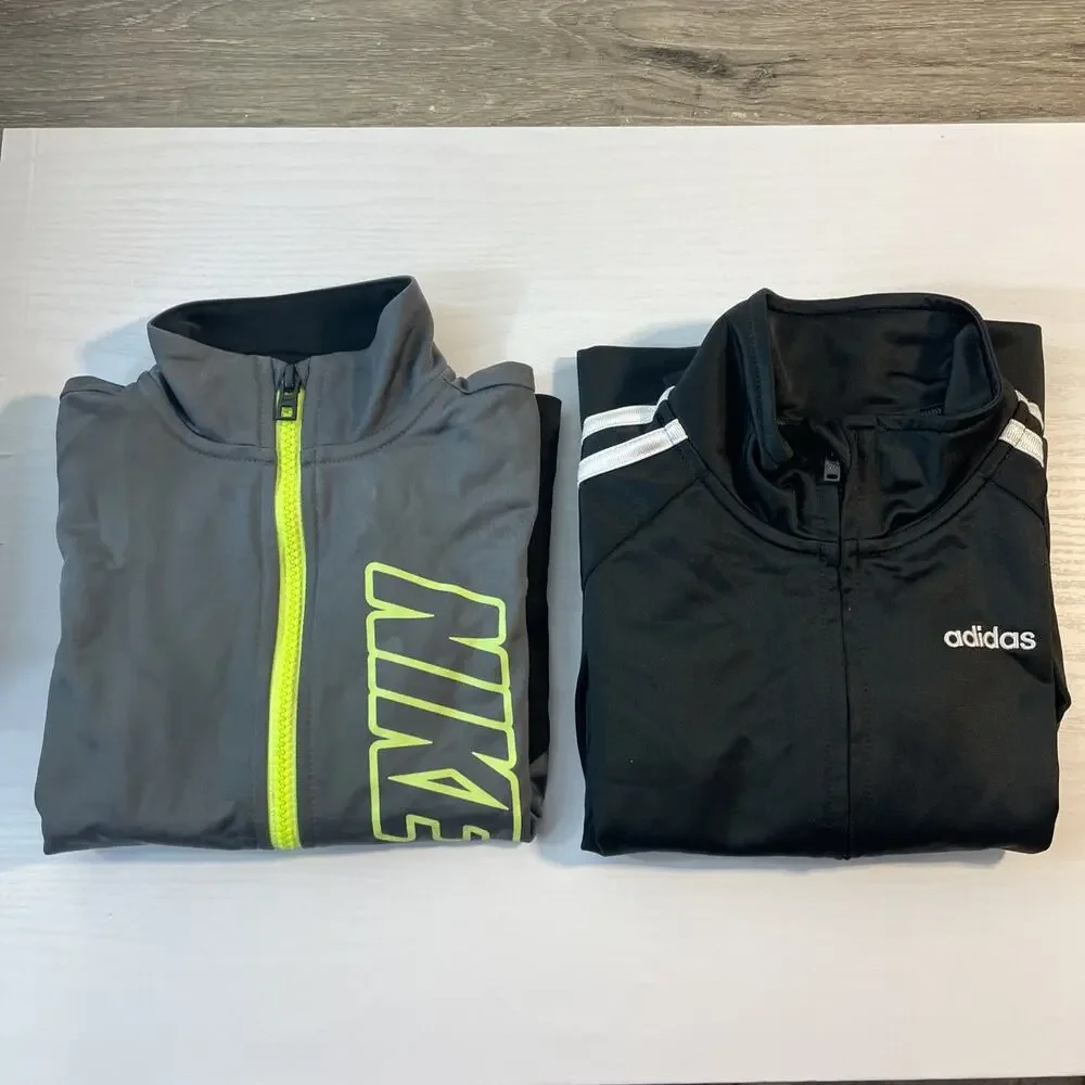 Lot of 2 Boys Nike Adidas Track Jackets Size 4 Black Gray Neon Full Zip Coat